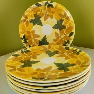 Texas Ware Melamine Dinner Plates Fall Leaves 10 inch Gold Yellow Green Lot of 8